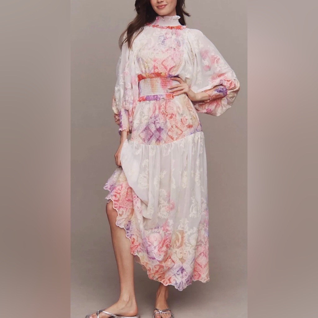 Anthropologie Bhldn Elliot Grandeur Long Sleeve Floral Organza A Line Mididress